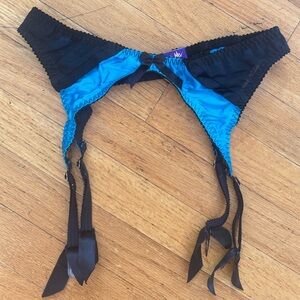 Coco de Mer Silk Mesh Teal Black Bow Suspender Garter Belt Small